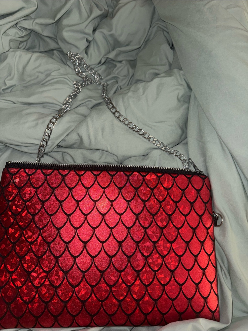 Red Scaled Evening Crossbody Bag with Silver Chain